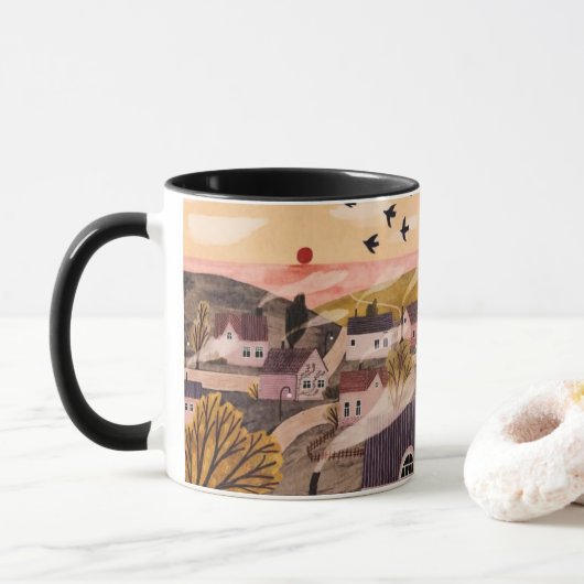 Whimsical Sunset Village Mug マグカップ (ドーナツ)