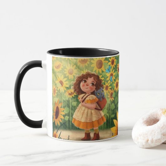 Whimsical Sunshine Girl with Cat – Kind Ones Coffe マグカップ (ドーナツ)
