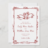 Whimsical Swans Doodle Love Birds Red Wedding セーブザデート (正面)
