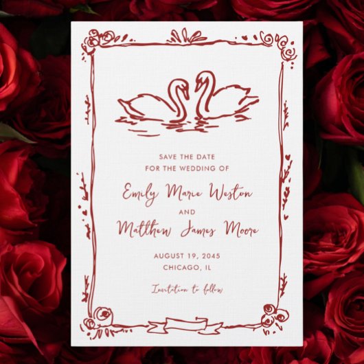 Whimsical Swans Doodle Love Birds Red Wedding セーブザデート