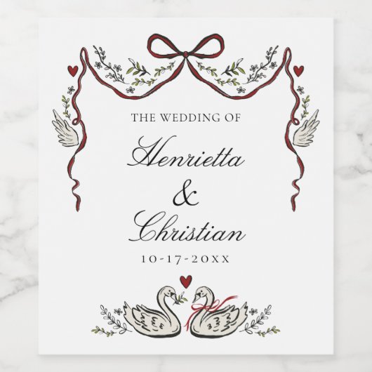 Whimsical Swans Wedding Wine Label ワインラベル (シングルラベル)