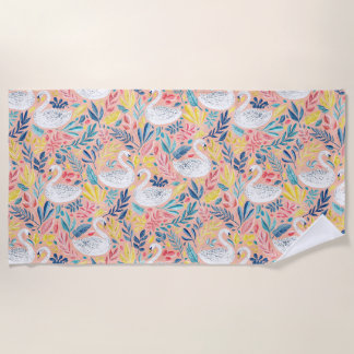 Whimsical Sweet Swans on Pale Pink ビーチタオル