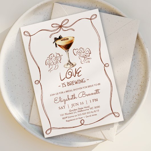  whimsical tan drawn Love Is Brewing Bridal Shower 招待状