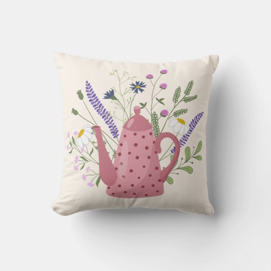 Whimsical Tea Time Doodle Throw Pillow クッション (正面)