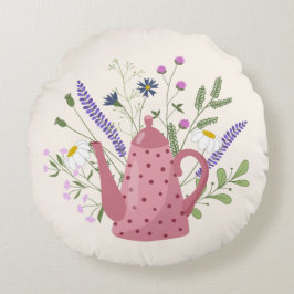 Whimsical Tea Time Doodle Throw Pillow ラウンドクッション