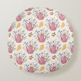 Whimsical Tea Time Doodle Throw Pillow ラウンドクッション