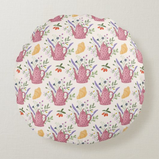 Whimsical Tea Time Doodle Throw Pillow ラウンドクッション (正面)