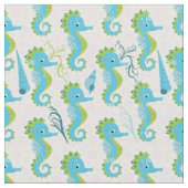 Whimsical Teal and Lime Green Seahorse Pattern ファブリック (クローズアップ)