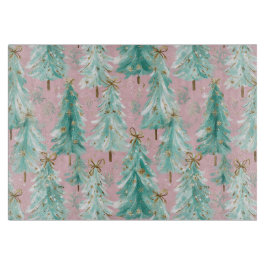 Whimsical Teal Christmas Trees on Pink  カッティングボード