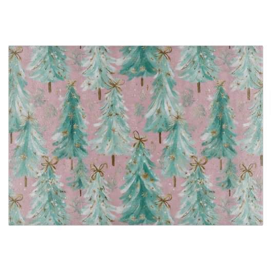 Whimsical Teal Christmas Trees on Pink  カッティングボード (正面)