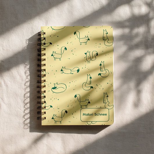 Whimsical Teal Doodle Foxes on Butter Yellow  ノートブック