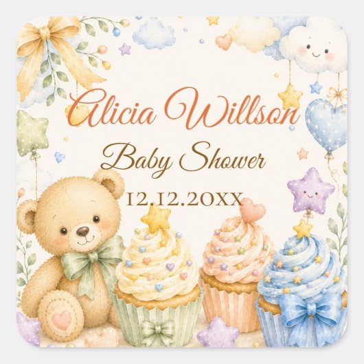Whimsical Teddy Bear Baby Shower スクエアシール (正面)