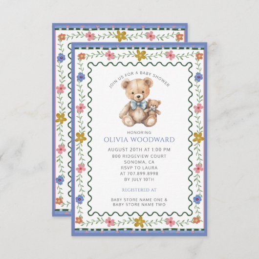 Whimsical Teddy Bear Baby Shower 招待状 (正面/裏面)