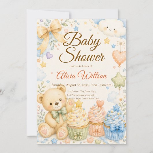 Whimsical Teddy Bear Baby Shower 招待状 (正面)