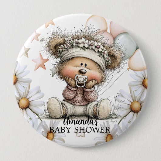 Whimsical Teddy Bear Baby Shower  缶バッジ (正面)