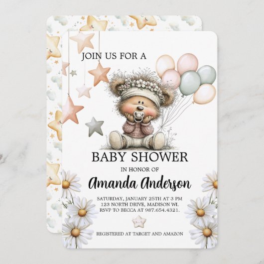 Whimsical Teddy Bear Baby Shower Invitation シーズンカード (正面/裏面)