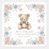 Whimsical Teddy Bear Floral Baby Shower Sticker スクエアシール (正面)