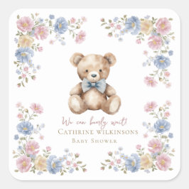 Whimsical Teddy Bear Floral Baby Shower Sticker スクエアシール