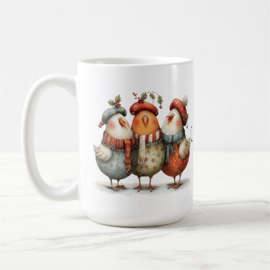Whimsical Three French Hens 12 Days Christmas 15oz コーヒーマグカップ (左)