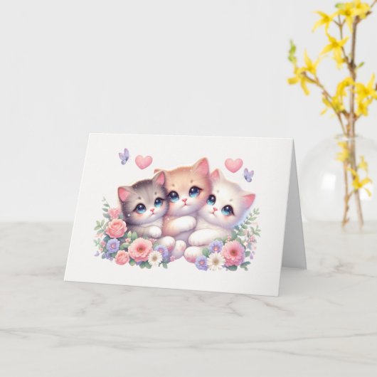 Whimsical Three-Kitten Pastel Floral Blank カード (黄色い花)