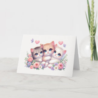 Whimsical Three-Kitten Pastel Floral Blank カード