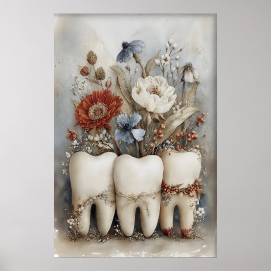 Whimsical Three Teeth Print, Floral Tooth Nursery ポスター (正面)