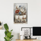 Whimsical Three Teeth Print, Floral Tooth Nursery ポスター (ホームオフィス)