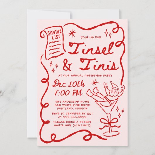 Whimsical Tinsel and Tinis Christmas Party 招待状 (正面)