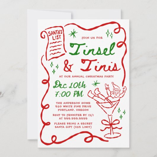 Whimsical Tinsel and Tinis Christmas Party 招待状 (正面)