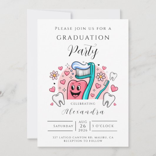 Whimsical Tooth & Hearts Dental Graduation Party 招待状 (正面)