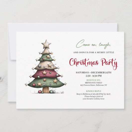 Whimsical tree classic red green Christmas invite 招待状 (正面)