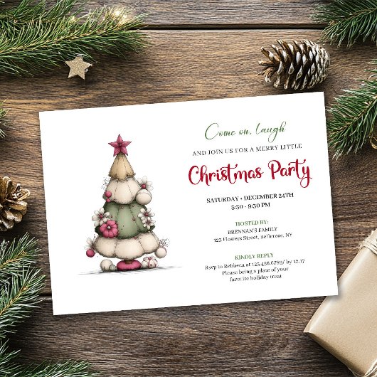 Whimsical tree red green festive party invitation 招待状