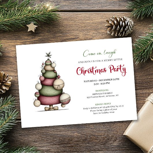 Whimsical tree red green minimalist holiday invite 招待状