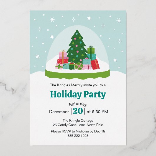 Whimsical Trees and Gifts Snow Globe in Aqua Blue 箔招待状 (正面)