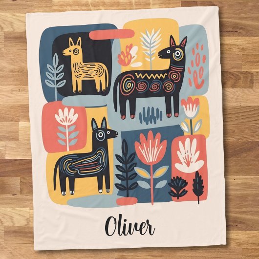 Whimsical Tribal Animals Floral Folk Art フリースブランケット
