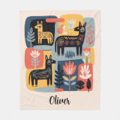 Whimsical Tribal Animals Floral Folk Art フリースブランケット (正面)