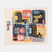 Whimsical Tribal Animals Floral Folk Art フリースブランケット (正面(横))