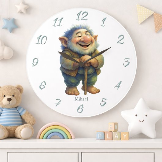 Whimsical Troll Gnome Wall Decor Kids Custom Name  ラージ壁時計