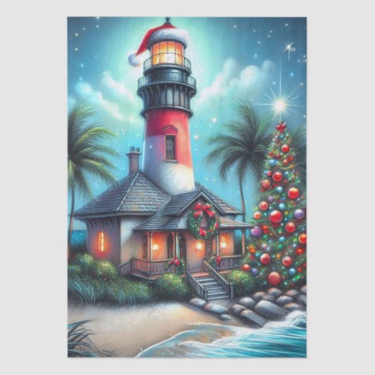 Whimsical Tropical Christmas Lighthouse Decoupage 薄葉紙 (正面)