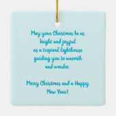 Whimsical Tropical Christmas Lighthouse Teal Red セラミックオーナメント (裏面)