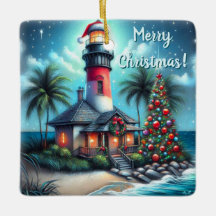 Whimsical Tropical Christmas Lighthouse Teal Red