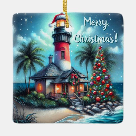 Whimsical Tropical Christmas Lighthouse Teal Red セラミックオーナメント (正面)