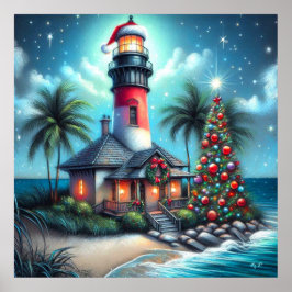 Whimsical Tropical Christmas Lighthouse Teal Red ポスター