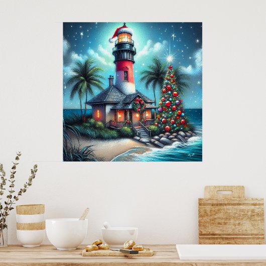 Whimsical Tropical Christmas Lighthouse Teal Red ポスター (キッチン)