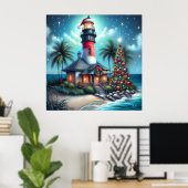 Whimsical Tropical Christmas Lighthouse Teal Red ポスター (ホームオフィス)