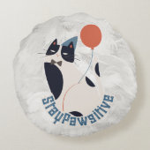 Whimsical Tuxedo Cat Stay Pawsitive Round Throw Pi ラウンドクッション (裏面)