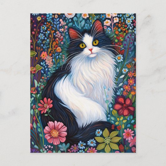 Whimsical Tuxedo Cat with Wildflowers ポストカード (正面)