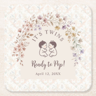 Whimsical Twins ベビーシャワーパーティー アンティーク調フラワー LPM26 スクエアペーパーコースター
