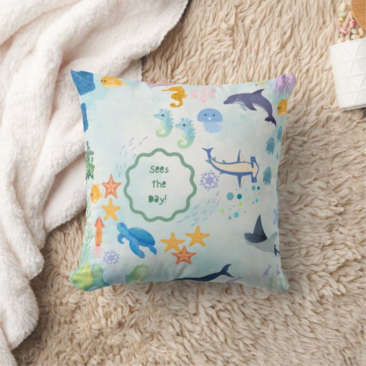 whimsical underwater adventure blue throw pillow クッション (ブランケット)