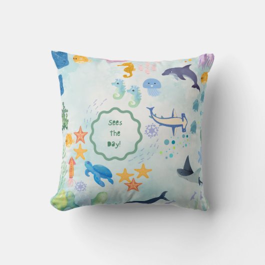 whimsical underwater adventure blue throw pillow クッション (正面)
